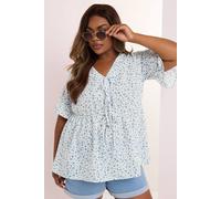 Yours Curve Ditsy Floral Tie Front Peplum Top - Women's - Plus Size Curve Light Blue