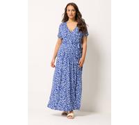 Yours Curve Blue Ditsy Floral Wrap Front Dress - Women's - Plus Size Curve