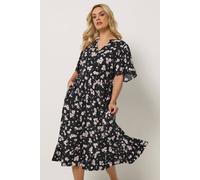 Yours Ditsy Half Placket Midi Dress In Black Black