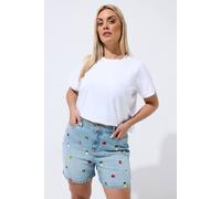 Yours Embroidered Fruit Denim Shorts In Light Blue Light Blue