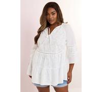 Yours Curve Embroidered Tie Front Smock Blouse - Women's - Plus Size Curve White