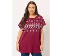 Yours Fairisle Glitter Embellished Christmas T-Shirt In Red Red 30-32