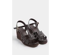 Yours - Brown Faux Leather Patent T-Bar Wedge Sandals In Wide E Fit - Women's
