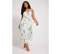 Yours London Curve White Floral Print Belted Linen Look Dress - Women's - Plus Size Curve