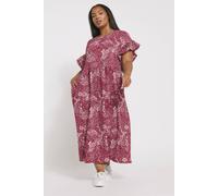 Yours Floral Frill Sleeve Midaxi Dress In Burgundy Burgundy 14