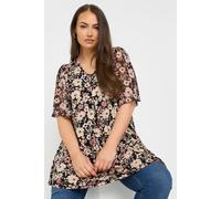 Yours Curve Floral Mesh Sleeve Pleated Top - Women's - Plus Size Curve Black