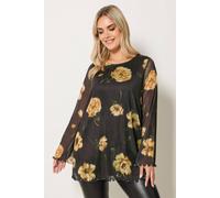 Yours Floral Mesh Swing Top In Dark Brown Dark Brown 26-28