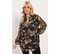 Yours Women's Floral Metallic Frill Neck Blouse in Black | Size: 16