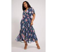 Yours Women's Floral Metallic Wrap Dress in Dark Navy | Size: 20
