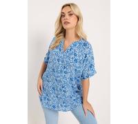 Yours Curve Crinkle Floral Notch Neck Top - Women's - Plus Size Curve Blue