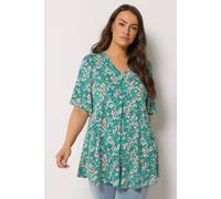 Yours Floral Pleat Front Top In Teal Teal