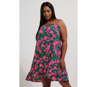 Yours Curve Black & Pink Floral Print Crinkle Mini Dress - Women's - Plus Size Curve