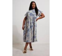 Yours Curve Floral Print Frill Sleeve Midaxi Dress - Women's - Plus Size Curve Blue
