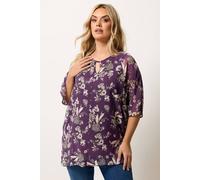 Yours Women's Floral Print Keyhole Detail Top in Aubergine | Size: 16