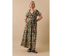 Yours Curve Black & Orange Floral Print Maxi Wrap Dress - Women's - Plus Size Curve