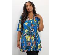 Yours Curve Blue Floral Print Pleat Front Top - Women's - Plus Size Curve