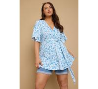 Yours Curve Floral Print Ribbed Wrap Top - Women's - Plus Size Curve Blue