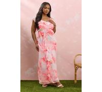 Yours Curve Blurred Floral Print Ruffle Maxi Dress - Women's - Plus Size Curve Pink