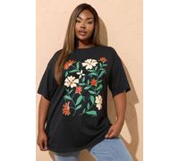 Yours Floral Print Short Sleeve T-Shirt In Black Black 18