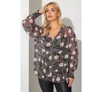 Yours Floral Shirred Cuff Blouse In Black Black 26-28