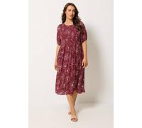 Yours Floral Swirl Puff Sleeve Shirred Dress In Dark Red Dark Red