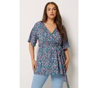 Yours Curve Blue Floral Textured Wrap Top - Women's - Plus Size Curve