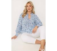 Yours Curve Blue Floral Tie Neck Blouse - Women's - Plus Size Curve