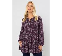 Yours Floral Tie Neck Tiered Blouse In Purple Purple 26-28