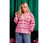 Yours Women's Gingerbread Heart Candy Cane V-Neck Cardigan in Pink | Size: 22-24 Yours Pink 22-24