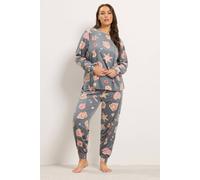 Yours Women's Gingerbread Print Fleece Pyjama Set with Scrunchie in Grey | Size: 38/40