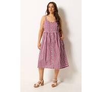 Yours Women's Gingham Linen Midi Dress in Burgundy | Size: 14