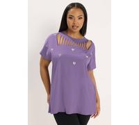 Yours Women's Heart Embroidered Slash T-Shirt in Purple | Size: 26-28 Yours Purple 26-28