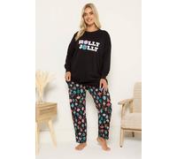 Yours 'holly Jolly' Wide Leg Pyjama Set In Black Black 26-28