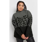 Knitted Leopard Colourblock Jumper Yours Grey 22-24