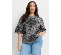 Yours Women's Lace Print Boxy Knitted Top in Grey | Size: 10/12