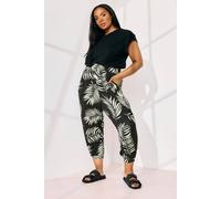 Yours Curve Palm Leaf Cropped Harem Trousers - Women's - Plus Size Curve Black