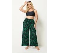 Yours Leaf Print Crinkle Wide Leg Trousers In Black Black