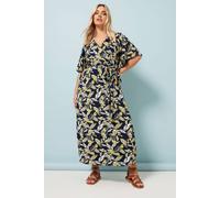 Yours Curve Blue Leaf Print Wrap Maxi Dress - Women's - Plus Size Curve