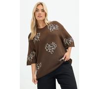 Yours Women's Leopard Heart Knitted Top in Chocolate | Size: 18/20