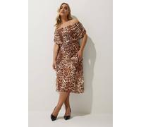 Yours Leopard Print Bardot Dress In Brown Brown 14