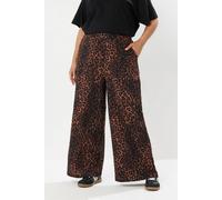 Yours Leopard Print Crinkle Wide Leg Trousers In Brown Brown