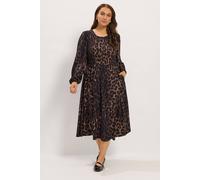 Yours Women's Leopard Shirred Midi Dress in Brown | Size: 22/24