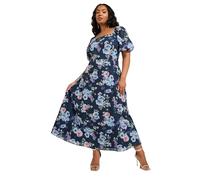 Yours London Curve Blue Floral Print Linen Look Maxi Dress - Women's - Plus Size Curve