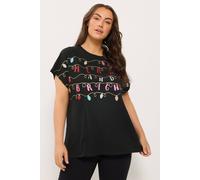 Yours Women's 'Merry & Bright' Glitter Slogan Novelty T-Shirt in Black | Size: 38/40