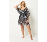 Yours Curve Beach Print Mesh Flower Print Beach Kaftan - Women's - Plus Size Curve Black