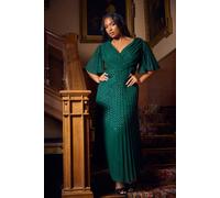 Yours Metallic Dobby Pleated Wrap Dress In Dark Green Dark Green 24