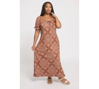 Yours Paisley Textured Milkmaid Dress In Brown Brown 30-32