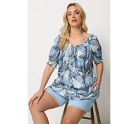 Yours Palm Leaf Tie Neck Blouse In Blue Blue 16