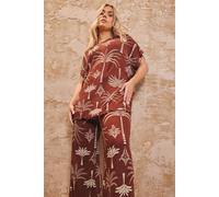 Yours Palm Print Plisse Top In Brown Brown 34-36