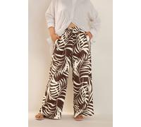 Yours Curve Palm Print Textured Wide Leg Trousers - Women's - Plus Size Curve Brown
